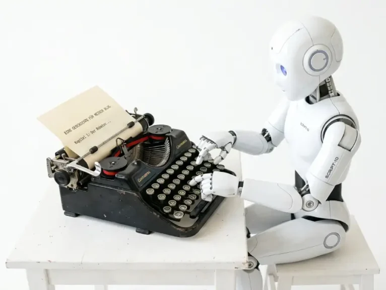 KI-Texte: Weißer Roboter tippt auf einer alten Schreibmaschine, 900x675